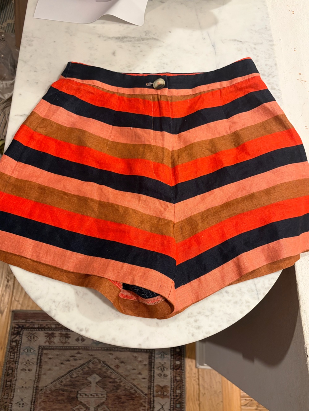 Kookai Women’s 100% Linen Striped Flat Front Shorts in Orange, Navy & Brown